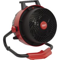 Red and black Sealey FH3000 industrial fan heater with a circular grill and sturdy handle.