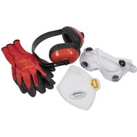 Red and black gloves, white FFP2 mask, clear goggles, and red ear defenders with black headband.