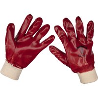 Red PVC waterproof gloves with knit wrist cuffs, designed for general purpose use by Sealey.