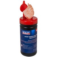 Sealey Heavy Duty Hand Wipes Dispenser, black container with red lid and pull-up wipe, Sealey logo on blue label.