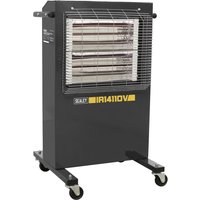 Black Sealey IR14 infrared cabinet heater with metal grill, control panel, and wheels for mobility.