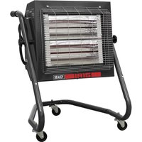 Black Sealey IR15 infrared halogen heater with metal grille, mounted on a wheeled stand with red branding.
