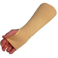 Beige Kevlar sleeve, 355mm long, covering forearm and hand with thumb hole, designed for protective wear.