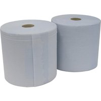 Sealey Large 2 Ply Blue Roll Paper Wipes, two thick cylindrical rolls with light blue color and smooth texture.