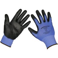 Black and blue Sealey Lightweight Precision Grip Gloves with textured palms and snug wrist cuffs.