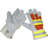 Sealey Reflective Hi Vis Rigger Gloves, grey with orange accents, yellow reflective stripes, and reinforced palms.