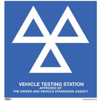 Blue Sealey rigid plastic MOT testing station sign with white triangle logo and text, pack of 10.