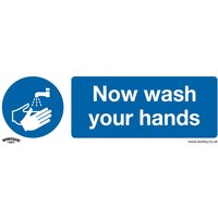 Blue and white Sealey rigid plastic sign with handwashing icon and text "Now wash your hands," pack of 10.