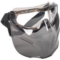 Clear Sealey safety goggles with detachable smoke-tinted face shield and adjustable black strap.