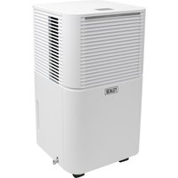 White Sealey SDH102 dehumidifier with front air vents, top control panel, and caster wheels.