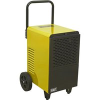 Yellow Sealey industrial dehumidifier with black grille, two wheels, and a black handle.