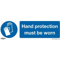 Blue Sealey self-adhesive vinyl sign with white glove icon and text "Hand protection must be worn"