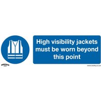 Blue Sealey self-adhesive sign with white high visibility jacket icon and safety message in bold text.