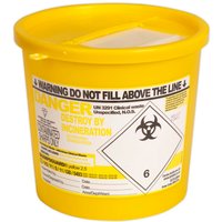 Yellow Sealey sharps disposal bin with biohazard symbol, secure lid, and warning labels for safe needle disposal.