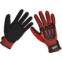 Red and black Sealey cut and impact resistant gloves, X-Large, with textured palms and reinforced knuckles.