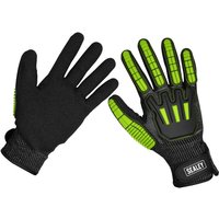 Black and green Sealey cut and impact resistant gloves, X-Large, with reinforced knuckles and textured palms.
