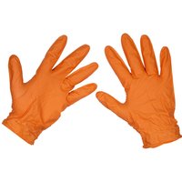 Orange Sealey extra-thick nitrile gloves, diamond grip, powder-free, X-Large, pack of 50, laid flat.
