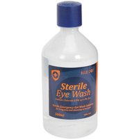 Clear Sealey sterile eye wash solution bottle with blue cap and orange label detailing emergency use instructions.