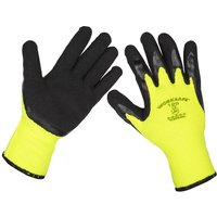 Yellow and black Sealey Thermal Super Grip Gloves with textured palms and elastic cuffs.