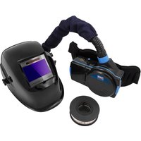 Black Sealey welding helmet with purple visor and powered air purifying respirator with hose and waist-mounted unit.