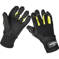 Black Sealey Worksafe anti-vibration gloves with yellow accents and padded palms, featuring a logo on the wrist.