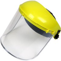 Yellow Sealey brow guard with clear full face shield and adjustable black strap.