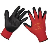 Red and black Sealey Worksafe Flexi Grip nitrile foam palm gloves with ergonomic design and elastic cuffs.