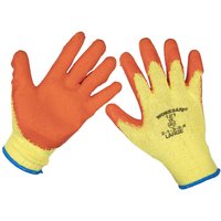 Yellow and orange Sealey Worksafe Super Grip Gloves with textured palms and blue cuffs.