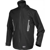 Black Sealey heated rain jacket with high collar, zip closure, and two vertical zippered pockets, size 48in chest large.