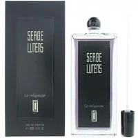 Serge Lutens La Religieuse Eau De Parfum 100ml, clear bottle with black label and cap, next to matching box.