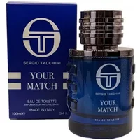 Blue and black Sergio Tacchini Your Match Eau De Toilette 100ml bottle with matching box featuring silver logo.