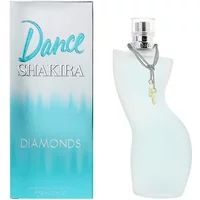 Shakira Dance Diamonds Eau De Toilette 80ml, curvy frosted bottle with silver cap and charm, turquoise box.