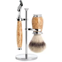 Shaving kit with birch wood handle, chrome stand, razor, and brush by Mühle Fusion BouleauPur.