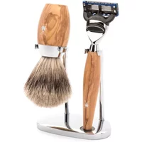 Shaving kit with olive wood handles, includes brush, razor with black head, and chrome stand.