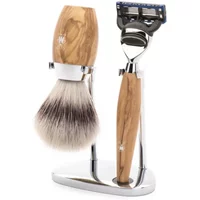 Shaving kit with olive wood handle razor and brush on a chrome stand, featuring a Fusion blade.