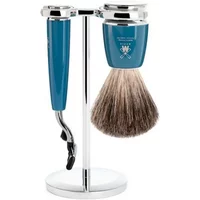 Teal Mühle Rytmo shaving kit with Mach3 razor, badger brush, and chrome stand.