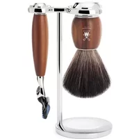 Shaving kit with brown wood handles, chrome stand, brush, and razor by Mühle Vivo Fusion Prunier.