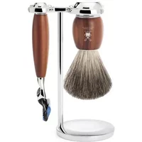 Shaving kit with wooden handle razor and brush on chrome stand, Mühle Vivo Fusion Pur Prunier design.