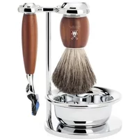 Shaving kit with brown wood handle razor, matching brush, chrome stand, and bowl by Mühle.