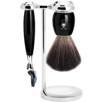 Shaving kit with black-handled razor and brush on a chrome stand, Mühle Vivo Fusion design.