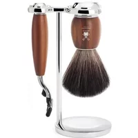 Shaving kit with brown wood handles, chrome stand, Mach3 razor, and soft bristle brush by Mühle.