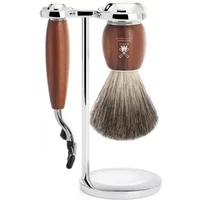 Shaving kit with brown wood handle razor, matching brush, and chrome stand.