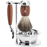 Shaving kit with wooden handle razor, brush, chrome stand, and bowl, Mühle Vivo Mach3® Pur Prunier set.
