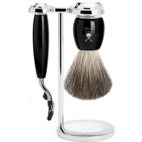 Mühle Vivo Mach3 shaving kit with black razor, silver stand, and soft bristle brush.