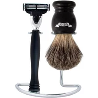 Shaving kit with black-handled razor, silver stand, and plush brown brush with black top.