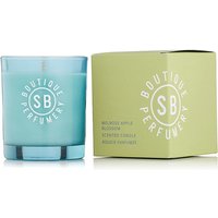 Blue glass candle with white "SB" logo, green box labeled "Melrose Apple Blossom" by Shay & Blue, 200g.