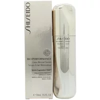 Shiseido Bio-Performance Glow Revival Serum 50ml in sleek silver bottle with matching box.