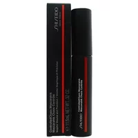 Black Shiseido mascara tube with red stripe, labeled "ControlledChaos MascaraInk 02 Sapphire Spark," beside matching box.