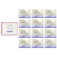 Shiseido eye mask set with 12 silver and purple sachets, boxed in white packaging with red trim.