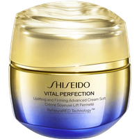 Gold and blue jar of Shiseido Vital Perfection Uplifting & Firming Advanced Soft Cream, 50 ml, with shiny lid.